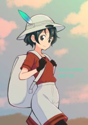 Rule 34 | 10s, 1girl, backpack, bag, black eyes, black gloves, black hair, bucket hat, character name, cloud, cloudy sky, collarbone, copyright name, cowboy shot, day, feathers, from side, gloves, hair between eyes, hat, hat feather, inumoto, kaban (kemono friends), kemono friends, looking at viewer, outdoors, pantyhose, red shirt, romaji text, safari hat, shirt, short hair, short sleeves, shorts, sky, smile, solo, tareme, walking