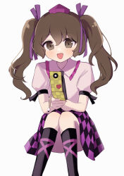 Rule 34 | 144udy, 1girl, :d, absurdres, brown eyes, brown hair, cellphone, checkered clothes, checkered skirt, convenient leg, feet out of frame, flip phone, hat, highres, himekaidou hatate, holding, holding phone, knees together feet apart, long hair, open mouth, phone, puffy short sleeves, puffy sleeves, short sleeves, simple background, sitting, skirt, smile, solo, tokin hat, touhou, twintails, white background