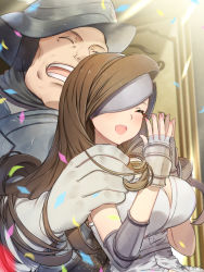 Rule 34 | 1boy, 1girl, adelbert steiner, armor, beatrix (ff9), breasts, brown hair, cleavage, closed eyes, eyepatch, final fantasy, final fantasy ix, fingerless gloves, fingers together, gloves, grabbing, grabbing from behind, helm, helmet, highres, holding person, large breasts, light rays, long hair, lower teeth only, nail polish, open mouth, size difference, smile, sunlight, swept bangs, tansan daisuki, teeth, upper body, upper teeth only, v-neck