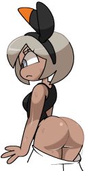 Rule 34 | 1girl, arched back, ass, bare shoulders, bea (pokemon), black hairband, black shirt, blue eyes, bob cut, breasts, clothes pull, creatures (company), cropped legs, dark-skinned female, dark skin, female focus, from side, game freak, grey hair, gym leader, hairband, jaggy lines, nintendo, pokemon, pokemon swsh, profile, shiny skin, shirt, short hair, shorts, shorts pull, sidelocks, sideways mouth, simple background, sleeveless, sleeveless shirt, small breasts, solo, standing, sweat, vilepluff, white background, white shorts