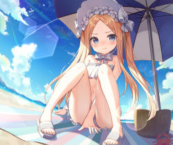 Rule 34 | 1girl, abigail williams (fate), abigail williams (swimsuit foreigner) (fate), abigail williams (swimsuit foreigner) (third ascension) (fate), absurdres, arm between legs, bare shoulders, basket, beach, beach umbrella, bikini, bird, blonde hair, blue eyes, blue sky, blush, bonnet, bow, breasts, closed mouth, crab, day, fate/grand order, fate (series), forehead, hair bow, highres, knees up, lens flare, long hair, looking at viewer, miniskirt, nam (nam990902), navel, parted bangs, sandals, seagull, shore, sidelocks, sitting, skirt, sky, small breasts, solo, sunlight, swimsuit, twintails, umbrella, very long hair, white bikini, white bow, white headwear