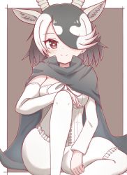 Rule 34 | 1girl, antelope ears, antelope horns, bare shoulders, black cape, black hair, blackbuck (kemono friends), blush, bow, bowtie, cape, commentary request, detached sleeves, extra ears, hair over one eye, highres, kemono friends, multicolored hair, pantyhose, puffy shorts, red eyes, shirt, short hair, shorts, sitting, solo, sunanuko (ramuneko), two-tone hair, white bow, white bowtie, white hair, white pantyhose, white shirt, white shorts, white sleeves