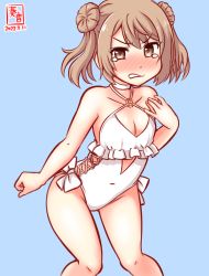 Rule 34 | 1girl, artist logo, blue background, blush, brown eyes, casual one-piece swimsuit, choker, collarbone, commentary request, cosplay, dated, double bun, feet out of frame, flat chest, flower, frilled one-piece swimsuit, frilled swimsuit, frills, hair bun, hair flower, hair ornament, hairband, kanon (kurogane knights), kantai collection, light brown hair, looking at viewer, michishio (kancolle), nose blush, one-hour drawing challenge, one-piece swimsuit, sagiri (kancolle), sagiri (kancolle) (cosplay), short twintails, side-tie swimsuit, simple background, solo, swimsuit, twintails, twitter username, white choker, white one-piece swimsuit