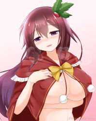 Rule 34 | 1girl, alternate breast size, breasts, brown hair, cape, commentary request, gradient background, highres, huge breasts, kantai collection, kisaragi (kancolle), kisaragi mizuto, long hair, looking at viewer, mistletoe, nude, pink background, purple eyes, red cape, solo, upper body, white background