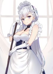 Rule 34 | 1girl, azur lane, bare shoulders, belfast (azur lane), braid, breasts, broom, chain, cleavage, closed mouth, collar, corset, cowboy shot, dress, elbow gloves, french braid, frilled gloves, frills, gloves, holding, indoors, kanikou, large breasts, long hair, maid headdress, purple eyes, silver hair, sleeveless, sleeveless dress, smile, solo, standing, straight hair, very long hair, white dress, white gloves, window