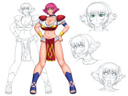 Rule 34 | 1girl, ameoto, blush, bracelet, breasts, cala, choker, cleavage, full body, green eyes, hands on own hips, jewelry, large breasts, midriff, multiple views, pelvic curtain, pink hair, pointy ears, sandals, separated legs, short hair, simple background, smile, standing, tagme, viper, viper rsr, white background