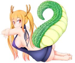 Rule 34 | 10s, 1girl, absurdres, armpits, ass, backless dress, backless outfit, bare back, bare shoulders, blonde hair, blue dress, blue sweater, blush, breasts, closed mouth, dragon girl, dragon horns, dragon tail, drawstring, dress, fangs, female focus, from behind, full body, highres, horns, kobayashi-san chi no maidragon, large breasts, large tail, legs together, long hair, looking at viewer, looking back, meme attire, monster girl, naked sweater, no bra, no panties, orange eyes, orange hair, outstretched arms, ribbed sweater, sideboob, simple background, sleeveless, sleeveless turtleneck, sliding doors, slit pupils, smile, solo, sweater, sweater dress, tail, teeth, tohru (maidragon), turtleneck, turtleneck sweater, twintails, underboob, virgin killer sweater, white background, ya-ya-tan