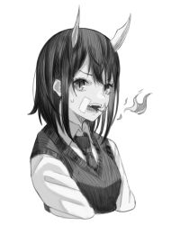Rule 34 | 1girl, aoki ruri, blush, breath weapon, breathing fire, collared shirt, dragon girl, dragon horns, fangs, fire, gauze, greyscale, hatching (texture), highres, horns, looking at viewer, medium hair, monochrome, necktie, nose blush, open mouth, parted bangs, ruri dragon, school uniform, shirt, simple background, slit pupils, solo, sweatdrop, swept bangs, ugo (artist), upper body, vest, white background
