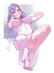 Rule 34 | 1girl, absurdres, barefoot, blue eyes, blush, breasts, dress, feet, grey hair, hair between eyes, highres, indie virtual youtuber, large breasts, long hair, looking at viewer, mole, mole under mouth, pochimaru (vtuber), rat huang, red nails, smile, solo, teardrop facial mark, virtual youtuber