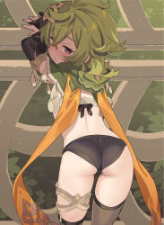 Rule 34 | 1girl, ass, asymmetrical legwear, back, bandeau, bare back, bent over, black gloves, black panties, blade (galaxist), blush, bridal gauntlets, brown thighhighs, capelet, collei (genshin impact), commentary, crossed bangs, from above, from behind, genshin impact, gloves, green capelet, green hair, highres, looking at viewer, looking back, median furrow, panties, parted lips, purple eyes, scarf, short hair, solo, symbol-only commentary, thighhighs, thighlet, thighs, underwear, uneven legwear