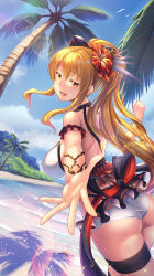 Rule 34 | 1girl, :d, beach, bikini, blonde hair, bow, breasts, day, flower, granblue fantasy, hair bow, hair flower, hair ornament, highres, large breasts, long hair, looking at viewer, looking back, luupechi, ocean, open mouth, orange eyes, outstretched hand, palm tree, ponytail, smile, solo, swimsuit, tree, vira (granblue fantasy)