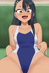 Rule 34 | 1girl, black hair, brown eyes, cameltoe, couch, eqe (eqeart), fang, female focus, hair ornament, hairclip, highres, ijiranaide nagatoro-san, indoors, light blush, long hair, looking at viewer, nagatoro hayase, on couch, one-piece swimsuit, open mouth, sitting, skin fang, solo, swimsuit, tan, tanline