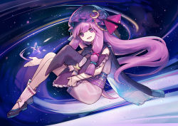 Rule 34 | 1girl, ainy, aquarius (constellation), bad id, bad pixiv id, black footwear, borrowed clothes, cape, chain, commentary request, constellation, constellation print, crescent, crescent hair ornament, dress, frilled hat, frills, hair ornament, hat, hat ribbon, holding, holding clothes, holding hat, libra (constellation), long hair, looking at viewer, multicolored clothes, open mouth, patchouli knowledge, print headwear, purple dress, purple eyes, purple hair, purple hat, purple theme, red ribbon, ribbon, sash, shoes, sleeveless, smile, solo, star (symbol), touhou, unworn hat, unworn headwear, very long hair, white legwear, witch hat