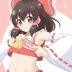 Rule 34 | 1girl, aitsugawa rui, armpits, ascot, blush, bow, brown eyes, brown hair, closed mouth, collar, commentary request, crop top, dated, detached sleeves, flat chest, hair bow, hair tubes, hakurei reimu, holding, looking at viewer, medium hair, navel, nontraditional miko, red bow, red shirt, red skirt, ribbon-trimmed sleeves, ribbon trim, shirt, sidelocks, skirt, skirt set, sleeveless, smile, solo, touhou, upper body, white collar, yellow ascot