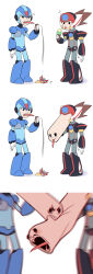 Rule 34 | 2boys, :p, absurdres, android, axl (mega man), biting, black eyes, blonde hair, brown hair, buzzsaw (6631455), commentary request, eating, food, full body, helmet, highres, ice cream, long hair, male focus, mega man (series), mega man x (series), multiple boys, screaming, simple background, tongue, tongue out, white background, x (mega man), zero (mega man)