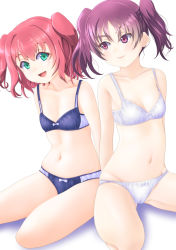 Rule 34 | 2girls, artist request, bra, breasts, female focus, green eyes, hair between eyes, highres, kurosawa ruby, lingerie, love live!, love live! sunshine!!, multiple girls, open mouth, panties, pink hair, purple bra, purple eyes, purple hair, purple panties, red hair, short hair, small breasts, smile, twintails, underwear, underwear only, white bra, white panties