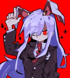 Rule 34 | 1girl, animal ears, arm up, black jacket, closed mouth, collared shirt, finger gun, highres, index finger raised, jacket, long hair, long sleeves, looking at viewer, necktie, one eye closed, purple hair, rabbit ears, red background, red eyes, red necktie, reisen udongein inaba, shirt, simple background, so happy 64, solo, touhou, upper body, very long hair, white shirt