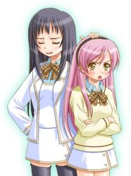 Rule 34 | 00s, 2girls, black hair, black thighhighs, blush, bow, bowtie, closed eyes, collared shirt, crossed arms, hand on another&#039;s head, headpat, long hair, long sleeves, looking at viewer, multiple girls, nanto yaya, okuwaka tsubomi, open mouth, pink hair, school uniform, shirt, shiumai, simple background, skirt, standing, strawberry panic!, sweater, thighhighs, uniform, white background, white skirt, zettai ryouiki