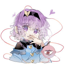 Rule 34 | 1girl, black capelet, black hairband, blouse, blue shirt, blush, buttons, capelet, choker, closed mouth, commentary, covering own mouth, fingernails, frilled sleeves, frills, frown, hair ornament, hairband, hand up, heart, heart button, heart hair ornament, komeiji satori, long sleeves, looking at viewer, nail polish, purple choker, purple eyes, purple hair, purple nails, ramochi, red eyes, shirt, short hair, signature, simple background, solo, third eye, touhou, upper body, white background, wide sleeves
