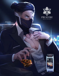 Rule 34 | 1boy, absurdres, alcohol, alternate costume, artist name, bekkomi, black footwear, black hair, black jacket, blue eyes, collarbone, collared shirt, cup, glass, highres, holding, holding cup, ice, ice cube, jacket, league of legends, light, long sleeves, looking at viewer, open clothes, open jacket, phone, pulsefire shen, shen (league of legends), shirt, sitting, solo, topknot, watch, white shirt, wristwatch