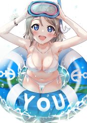 Rule 34 | 1girl, :d, armpits, arms up, bent over, bikini, blue eyes, blush, breasts, brown hair, cleavage, collarbone, commentary request, flippers, halterneck, hands on headwear, highres, innertube, large breasts, love live!, love live! sunshine!!, navel, open mouth, sankuro (agoitei), short hair, side-tie bikini bottom, sitting, smile, snorkel, solo, swim ring, swimsuit, thigh gap, wariza, watanabe you, wet, white bikini