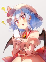 Rule 34 | 1girl, 60mai, ?, bat wings, blue hair, blush, brooch, cellphone, commentary request, cowboy shot, dress, fang, grey background, hair between eyes, hat, hat ribbon, head tilt, holding, holding phone, jewelry, mob cap, open mouth, phone, pink dress, pink hat, puffy short sleeves, puffy sleeves, red eyes, red ribbon, red sash, remilia scarlet, ribbon, sash, short hair, short sleeves, sidelocks, simple background, smartphone, solo, touhou, wings, wrist cuffs