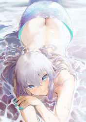 Rule 34 | 1girl, aqua nails, ass, back, beach, blue eyes, blush, breasts, butt crack, completely nude, dripping, fingernails, gradient hair, hair between eyes, hair spread out, head tilt, ikuchan kaoru, ikuchan kaoru (character), indie virtual youtuber, long hair, looking at viewer, lying, mermaid, monster girl, multicolored hair, nail polish, nude, on ground, on stomach, original, outdoors, partially submerged, purple hair, scales, smile, solo, star (symbol), star in eye, symbol in eye, virtual youtuber, wet, white hair