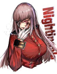 Rule 34 | 1girl, bandage over one eye, blood, blood from mouth, blood on clothes, blood on face, blood on hands, breasts, chadzuke meshi, character name, fate/grand order, fate (series), florence nightingale (fate), florence nightingale (third ascension) (fate), gloves, highres, jacket, large breasts, long hair, long sleeves, military, military uniform, pink hair, red eyes, red jacket, solo, uniform, upper body, white gloves