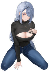 Rule 34 | 1girl, absurdres, aqua eyes, black sweater, blue eyes, blue nails, breasts, cleavage, closed mouth, commentary, denim, genshin impact, grey hair, hair over one eye, hand on own chest, highres, jeans, jewelry, kamko, large breasts, long hair, long sleeves, looking at viewer, meme attire, nail polish, necklace, open-chest sweater, pants, shenhe (genshin impact), simple background, sitting, smile, solo, sweater, turtleneck, turtleneck sweater, wariza, white background