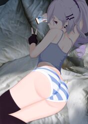 Rule 34 | absurdres, ass, awake, bed, black thighhighs, breasts, grinnsfw, highres, honkai: star rail, honkai (series), panties, pantyshot, playing games, realistic background, silver wolf (honkai: star rail), small breasts, socks, striped clothes, striped panties, thighhighs, thighs, tight clothes, underwear