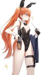 Rule 34 | 1girl, absurdres, animal ears, bare legs, breasts, bullet hair ornament, cleavage, commentary, covered navel, english commentary, fake animal ears, goback, gun, hair ornament, handgun, highres, leotard, long hair, looking away, m1911, orange hair, original, playboy bunny, rabbit ears, simple background, small breasts, solo, standing, twintails, weapon, white background