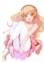 Rule 34 | 1girl, absurdres, ankleband, arm at side, athletic leotard, bare arms, bare shoulders, blonde hair, blush, copyright request, flower, full body, hair flower, hair ornament, hairband, highres, konbu wakame, leotard, long hair, looking at viewer, pantyhose, pink footwear, pink skirt, shoes, simple background, skirt, sleeveless, solo, spaghetti strap, tareme, text focus, translation request, very long hair, waving, white background, white pantyhose, yellow eyes, yumemiru prima girl
