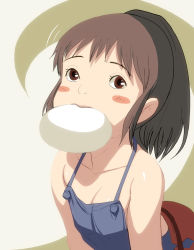 Rule 34 | 00s, 1girl, bad id, bad pixiv id, blush stickers, breasts, brown eyes, brown hair, child, cleavage, halterneck, kouno (masao), mouth hold, ogino chihiro, ponytail, sen to chihiro no kamikakushi, small breasts, solo, studio ghibli