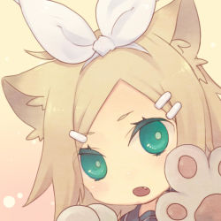 Rule 34 | animal ears, animal hands, bad id, bad pixiv id, cat ears, cat paws, fang, green eyes, hair ornament, hairclip, juuya, kagamine rin, solo, vocaloid