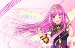 Rule 34 | 1girl, ;d, black shirt, blue eyes, blue nails, blush, bracelet, breasts, detached sleeves, female focus, floating hair, gradient hair, hairband, hand in own hair, highres, inu8neko, jewelry, long hair, looking at viewer, medium breasts, megurine luka, multicolored hair, nail polish, one eye closed, open mouth, pink hair, red lips, shirt, short sleeves, silver hair, smile, solo, staff (music), two-tone hair, upper body, very long hair, vocaloid, yellow detached sleeves