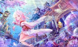 Rule 34 | 1girl, :o, animal, architecture, bare shoulders, barefoot, blush, bow, bridge, cherry blossom print, commentary request, coral, dated, east asian architecture, fish, fish request, floral print, flower, hair bow, hair flower, hair ornament, highres, japanese clothes, jellyfish, kimono, long hair, looking at viewer, looking to the side, making-of available, obi, parted lips, peas (peas0125), petals, pink flower, pink hair, print kimono, purple eyes, red bow, sandals, sash, scenery, sergestid shrimp in tungkang, shrimp, signature, solo, statue, stingray, tree, twitter username, underwater, water, white kimono, xuan ying