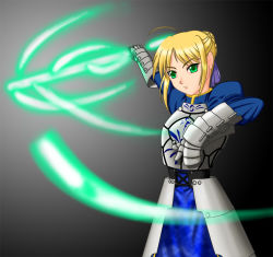 Rule 34 | 00s, 1girl, ahoge, armor, artoria pendragon (all), artoria pendragon (fate), blonde hair, fate/stay night, fate (series), gauntlets, gradient background, green eyes, hair ornament, looking at viewer, saber (fate), simple background, solo, standing, tagme, upper body
