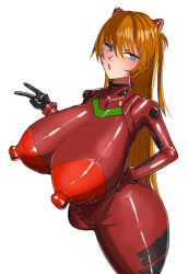 1girl :o alternate_breast_size artist_request ass ass_focus ass_press ass_support blue_eyes blush bodysuit breasts brown_hair covered_erect_nipples cowboy_shot curvy hair_between_eyes hairpods highres huge_ass huge_breasts impossible_bodysuit impossible_clothes interface_headset long_hair looking_at_viewer neon_genesis_evangelion open_mouth plugsuit red_bodysuit shiny_clothes signature simple_background skin_tight solo souryuu_asuka_langley standing thick_thighs thighs tsundere v white_background wide_hips