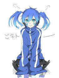 Rule 34 | 1girl, :t, aqua eyes, black skirt, blcky, blue hair, blush, ene (kagerou project), headphones, jacket, kagerou project, long hair, looking at viewer, short hair, skirt, sleeves past wrists, solo, track jacket, twintails