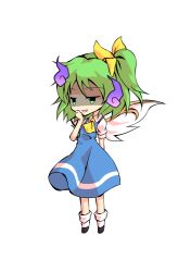 Rule 34 | 1girl, ascot, black eyes, black footwear, blue dress, bow, chibi, collar, collared shirt, dairi, daiyousei, dress, fairy wings, full body, ghost, green eyes, green hair, hair between eyes, hair bow, hand on own face, hand up, looking to the side, open mouth, ponytail, puffy short sleeves, puffy sleeves, shaded face, shirt, shoes, short hair, short ponytail, short sleeves, simple background, smile, smug, socks, solo, standing, tachi-e, touhou, transparent background, white background, white shirt, white sleeves, white socks, wings, yellow ascot, yellow bow