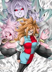 Rule 34 | android 21, blue eyes, breasts, colored skin, doughnut, dragon ball, dragon ball fighterz, food, highres, majin android 21, pink skin, red eyes, young jijii