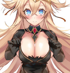 1girl black_dress blonde_hair blue_eyes blush breasts character_request cleavage closed_mouth copyright_request crossed_bangs dress framed_breasts hair_between_eyes highres kiyu_rei large_breasts long_hair looking_at_viewer simple_background solo split_mouth strap_pull two_side_up upper_body white_background