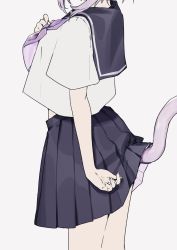 Rule 34 | 1girl, bare legs, blue skirt, breasts, cat tail, clothes lift, commentary, cowboy shot, crop top, crop top overhang, from side, grey background, hand on own chest, head out of frame, highres, hololive, idenshi hina, lifted by tail, light purple hair, medium breasts, midriff, midriff peek, miniskirt, nekomata okayu, pleated skirt, purple neckwear, sailor collar, school uniform, serafuku, short hair, simple background, skirt, skirt lift, solo, tail, thighs, virtual youtuber