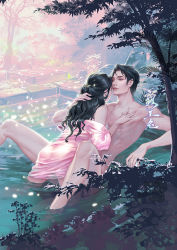 Rule 34 | 1boy, 1girl, black hair, cony (comicsun), day, hand on another&#039;s chest, long hair, manly, nude, original, outdoors, pool, tree, water