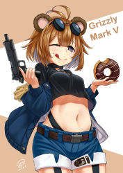 Rule 34 | 1girl, :p, ;q, absurdres, aged down, animal ears, brown hair, doughnut, eyewear on head, food, food on face, girls&#039; frontline, grizzly mkv (girls&#039; frontline), grizzly mkv (teddy transform!) (girls&#039; frontline), gun, handgun, highres, jacket, jpc, l.a.r. manufacturing, lar grizzly win mag, midriff, navel, official alternate costume, one eye closed, pistol, short hair, shorts, solo, sunglasses, tongue, tongue out, trigger discipline, weapon