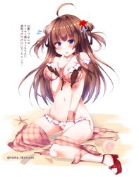 Rule 34 | 1girl, ahoge, bad id, bad pixiv id, blue eyes, blush, bra, breasts, brown hair, jewelry, kantai collection, kongou (kancolle), large breasts, long hair, navel, necklace, no headwear, open mouth, panties, pink panties, sakura romu, sitting, solo, torn bra, torn clothes, translation request, two side up, underwear, wariza