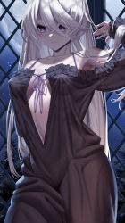 Rule 34 | 1girl, absurdres, atelier (series), atelier ryza, azur lane, black nightgown, blue eyes, blush, breasts, center opening, cleavage, colored skin, covered erect nipples, crossed bangs, frilled nightgown, frills, highres, lila decyrus, lila decyrus (moonlit encounter), long hair, manzai sugar, medium breasts, moon, nightgown, no bra, pajamas, pale skin, smile, solo, very long hair, white hair, white skin