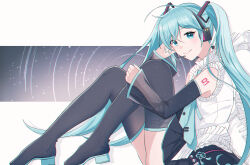 Rule 34 | 1girl, absurdres, aqua eyes, aqua hair, aqua nails, aqua necktie, arm tattoo, bare shoulders, black footwear, black skirt, boots, detached sleeves, drop shadow, frilled shirt, frills, grey background, hand on own leg, hand up, hatsune miku, headphones, highres, knees up, long hair, looking at viewer, microphone, nail polish, necktie, number tattoo, pleated skirt, q t (pixiv), see-through, see-through sleeves, shirt, sitting, skirt, sleeveless, sleeveless shirt, smile, solo, starry sky print, tattoo, thigh boots, thighs, twintails, two-tone background, vocaloid, white background, white shirt