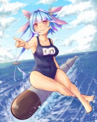Rule 34 | 10s, 1girl, arios (orochi yuta), barefoot, blue hair, covered navel, highres, i-19 (kancolle), kantai collection, long hair, name tag, one-piece swimsuit, personification, pointing, red eyes, ribbon, riding, school swimsuit, sidesaddle, sitting, star-shaped pupils, star (symbol), swimsuit, symbol-shaped pupils, torpedo, twintails