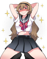 Rule 34 | 1girl, armpits, arms behind head, arms up, blush, bow, brown hair, commentary request, crop top, grey eyes, hammer (sunset beach), long hair, looking at viewer, original, school uniform, serafuku, skirt, smile, solo, sparkle, squatting